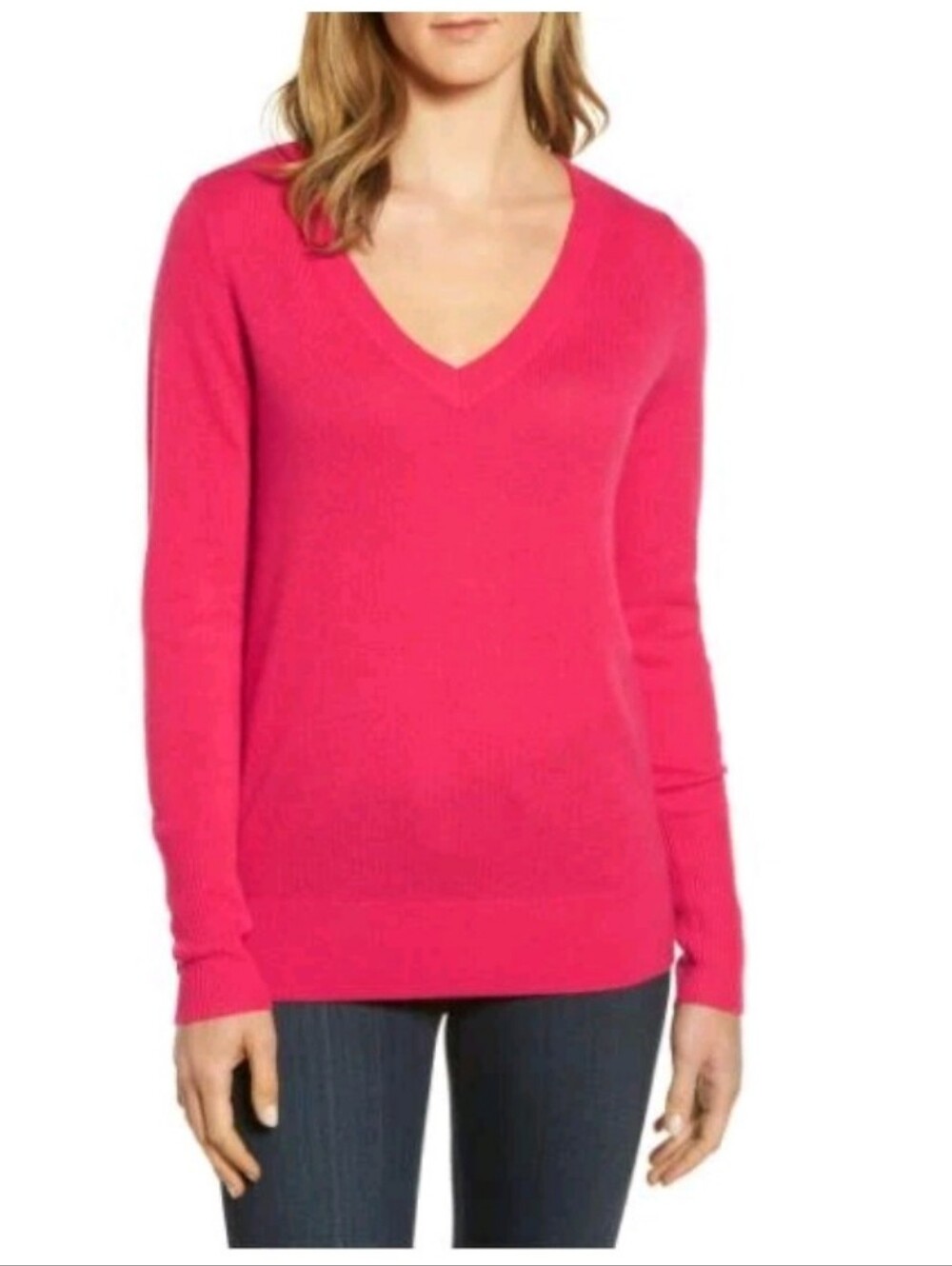 Halogen V-neck Cashmere Sweater bright pink M